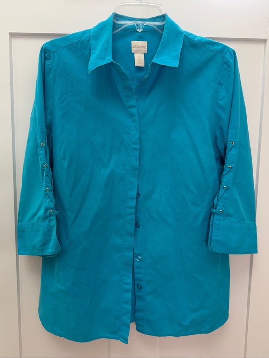 Chico's Tops - Chico's Teal Button-Front Shirt with Three-Quarter Sleeves